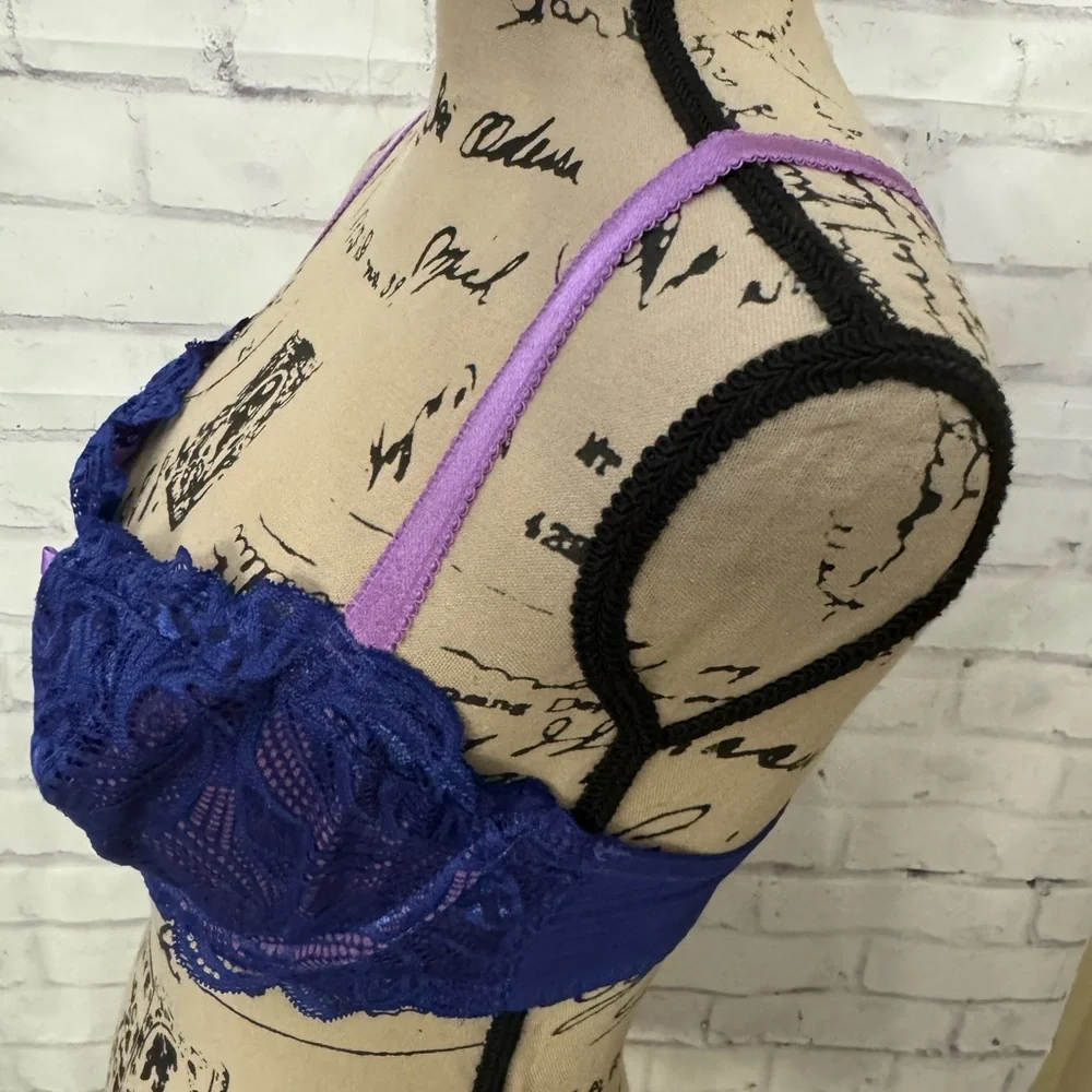 Adore Me‎ Hannah Bra Unlined Balconette Size 34DD Blue Purple Lace Underwire